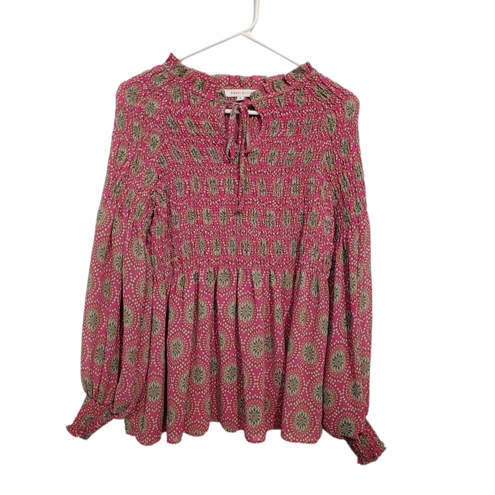 Rose + Olive Pink and Green Smocked Long Sleeve Blouse - Medium